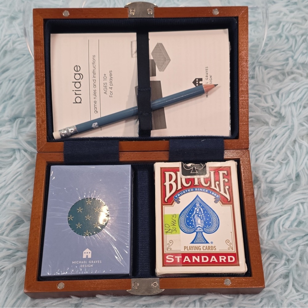 Wooden Bridge Card Game Set Box - 2 Decks Playing Cards, Score Pad, Pencil